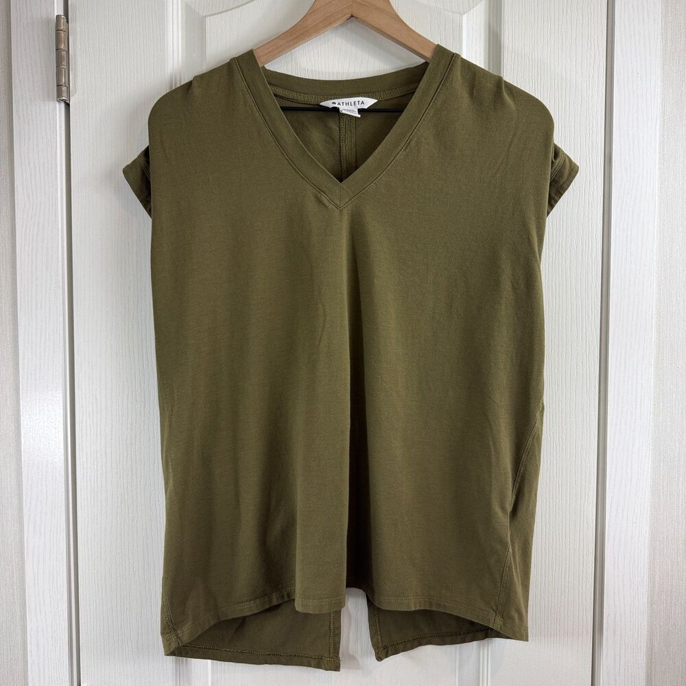 Athleta Womens Small Olive Green V Neck Twist Back Short Sleeve Top